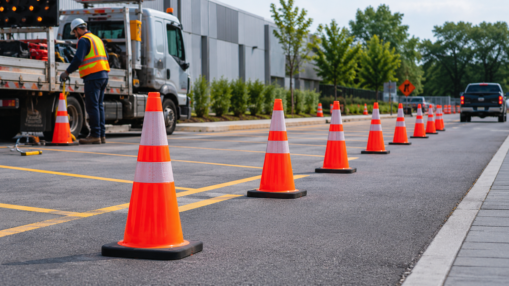 Orange traffic cones used for construction and parking lot safety