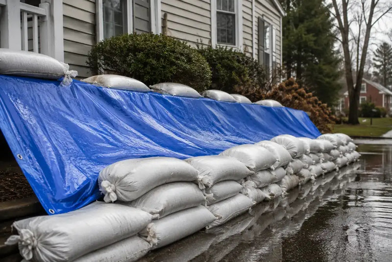 Blue poly Tarp and Sandbags Providing Water and Flooding Storm Protection