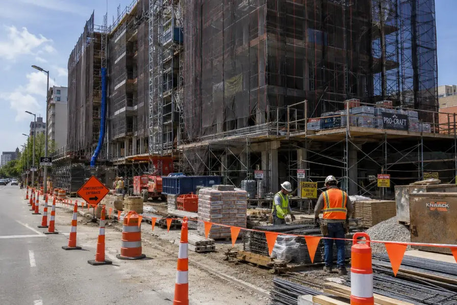 Construction site with traffic safety cones and flags
