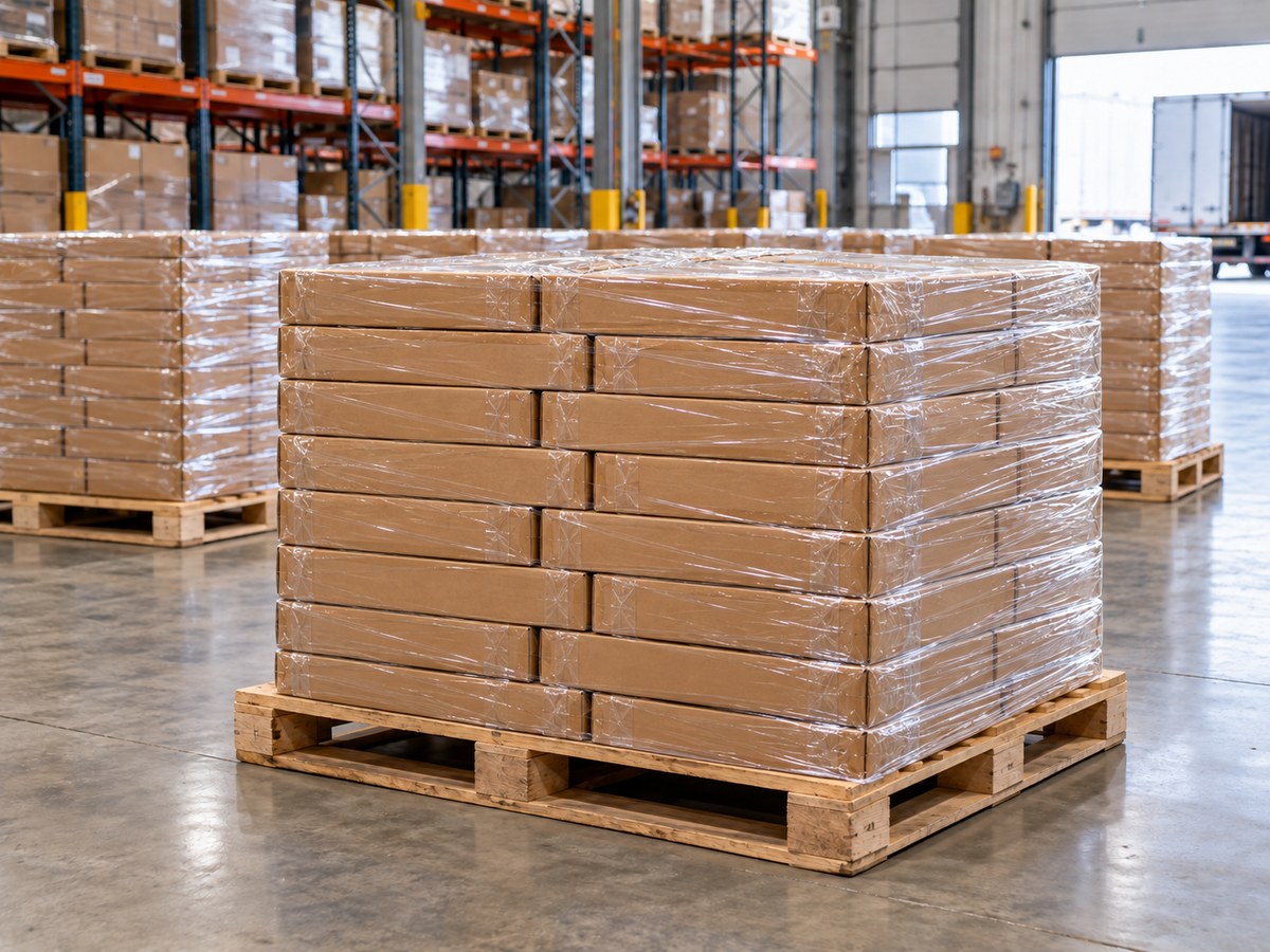 Palletized disaster-relief tarp kits in Grextor's New Windsor warehouse