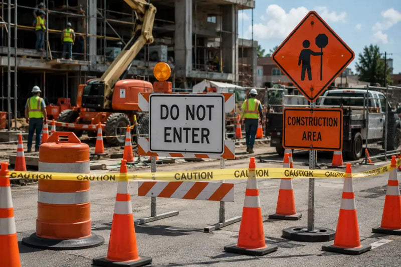 Jobsite Safety with cones, signs, and safety tape