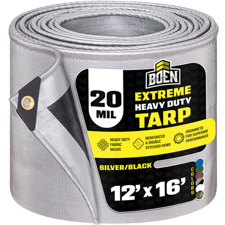 BOEN Silver/Black 20 Mil 12'x16' Extreme Heavy Duty Tarp