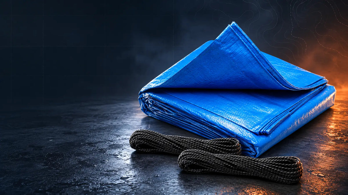 BOEN blue disaster-relief tarp kit with two securing cords