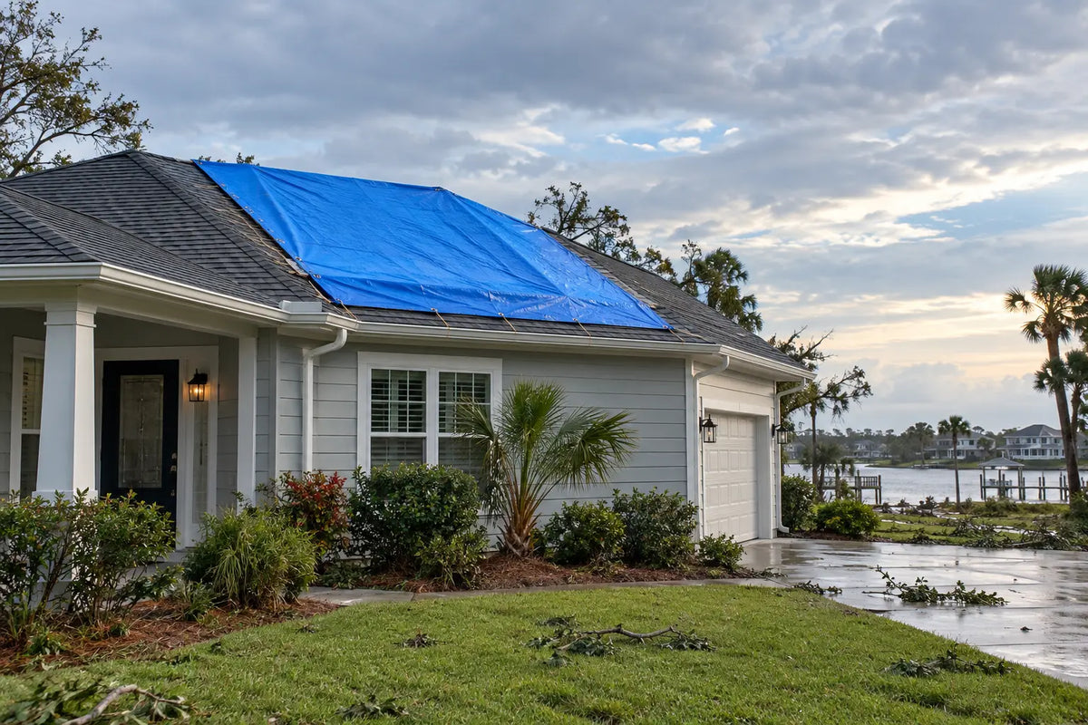 Blue temporary tarp covering a storm-damaged residential roof
